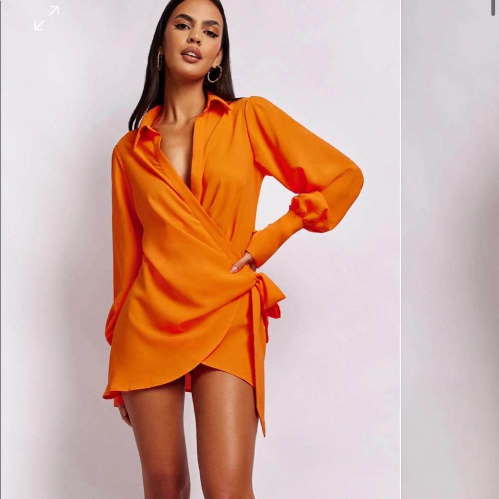Meshki Split Sleeve Wrap Micro Mini Dress Orange